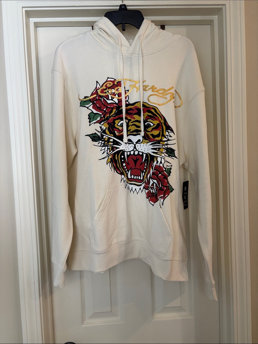 NWT Ed Hardy Cream Hoodie with Tiger & Rose Graphic Unisex Large
